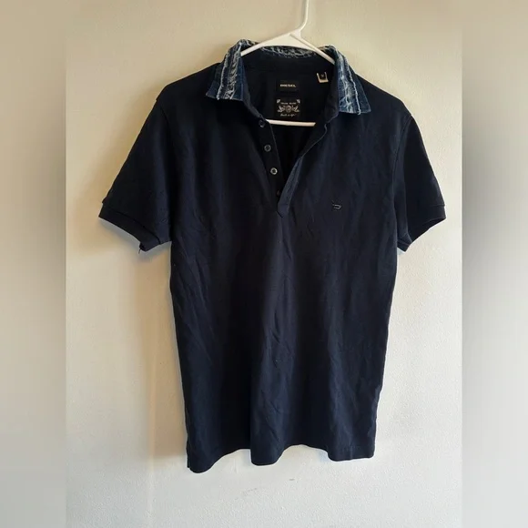 Vintage Diesel Black Polo Shirt with Denim Collar Detail Casual Cotton‎ Classic - Picture 3 of 11